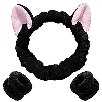 WHAVEL 3PCS Spa Headband and Wristband Set, Cute Cat Ears Headband for Washing Face Makeup Headband Face Wash Headband Wrist Bands(Black)