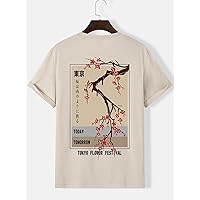 Men's T-Shirts Guys Floral & Japanese Letter Graphic Tee (Color : Beige, Size : XX-Large)