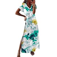 Maxi Dress for Women Women Simple Fashion Spring Summer Short Sleeve V Neck Long Dress Short Sleeve Casual Dress