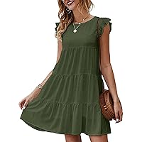 Womens Summer Dresses Sleeveless Ruffle Sleeve Crewneck Solid Loose Short Flowy Pleated Mini Babydoll Dress