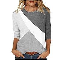 Womens 2024 3/4 Length Sleeve Shirt Trendy Round Neck Color Block Tunics Tops Cute Graphic Loose Fit Blouses