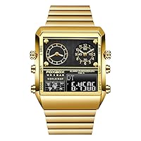Weicam Luxury Men's Digital Watch Square Dial Analog Quartz Wrist Watch Dual Display Gold, gold, Bracelet