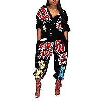LKOUS Womens Casual Cartoon Printing Short Sleeves High Waist One-piece Jumpsuits Button Romper Playsuit