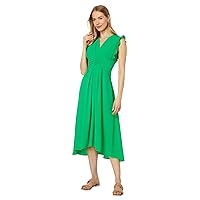 Maggy London Women's V-Neck Hi-lo Midi Dress with Gathered Waist and Sleeveless Ruffle Details