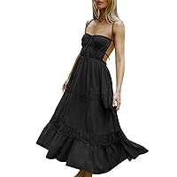 Womens Bohemian Maxi Dress Backless Low Cut Spaghetti Strap V-Neck Midi Dress Summer Casual Boho Long Dress Beachwear