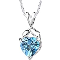 PEORA Swiss Blue Topaz Pendant Necklace for Women 925 Sterling Silver, Natural Gemstone, 3 Carats Heart Shape 9mm with 18 inch Chain
