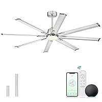 72 Inch Industrial Smart Ceiling Fan with Light and Remote Control,Large Ceiling fan with 8 Aluminium Blades,Brushed Nickel Outdoor Ceiling Fans for Home or Exterior