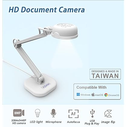 INSWAN INS-1 USB Document Camera — 8MP Ultra HD, Auto Focus, LED Light, Built-in Microphone, Mac OS, Windows, Chromebook Compatible for Distance Learning, Remote Teaching, Web Conferencing, Live Demo