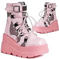 Women Platform Ankle Boots Chunky High Heel Booties Goth Round Toe Combat Boots Womens Lace Up Motorcycle Wedges Shoes
