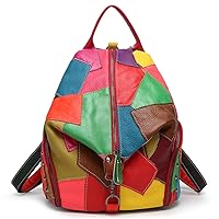 Genuine Leather Backpack Contrasting Multicolor Splicing Backpack Fashion Large Capacity Travel Backpack- Multicolor