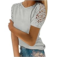Women's 2024 Guipure Lace Trim T Shirt Summer Floral Tops Short Sleeve Crew Neck Tunic Tee Dressy Casual Blouse