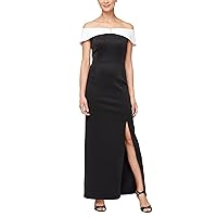 S.L. Fashions Women's Long Off The Shoulder Column Dress with Front Slit and Embellishment Detail at Neckline