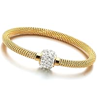 COOLSTEELANDBEYOND Gold Color Stainless Steel Cable Bangle Bracelet with Cubic Zirconia Charm and Magnetic Clasp