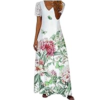 Summer Floral Dress for Women V Neck Crochet Lace Hollow Out Short Sleeve Maxi Dresses Loose Casual Long Beach Party Dress