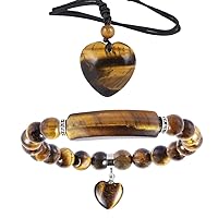 TUMBEELLUWA Healing Tiger's Eye Crystal Stone Heart Charm Jewelry Set Crystal Energy Stretch Bracelet and Adjustable Carved Stone Heart Shape Pendant Necklace