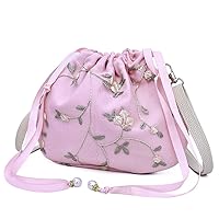 bienkua Women's Bucket Bag, Shoulder Bag, Handbag, Drawstring Bag, Large Capacity, Pouch, Floral Pattern, Embroidered, Wallet, Small? Holder, Suitable for Hanfu Kimono, Drawstring Type, Crossbody Ribbon, Cute, Retro Style, Gift