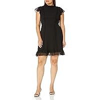 Adrianna Papell Women's Fit and Flare Textured Chiffon Dress with Lace Details, 12 Black