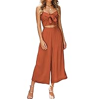 Women's Summer Tie Knot Cutout Spaghetti Straps Smocked High Waist Wide Leg Sexy Jumpsuits Rompers Pockets