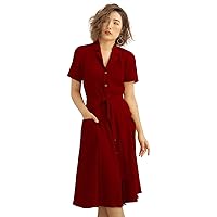 Women Linen Shirt Dress Short Sleeves Midi Dress