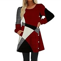 Women's Spring Winter Dresses Long Sleeve Dress Knee Length Button Side Round Neck Midi Dress with Pocket Maxi Dresses for Women 2023 Casual