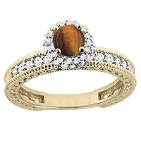 Sabrina Silver 14K Yellow Gold Natural Tiger Eye Round 5mm Engagement Ring Diamond Accents, Sizes 5-10