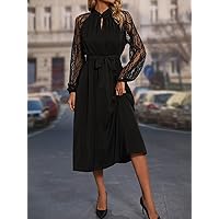 TLULY Dress for Women Contrast Lace Raglan Sleeve Keyhole Neck Belted Dress (Color : Black, Size : Medium)