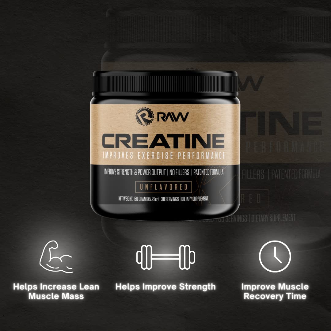 RAW Nutrition Creatine Monohydrate Powder Unflavored | Micronized Creatine Monohydrate Supplement Helps Workout Performance, Build Muscle & Strength | Creatine for Men & Women, 150g (30 Servings)