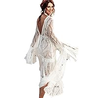 Boho Wedding Dess Mermaid Split Tassel Lace Fringe Sleeves V-Neck Bohemian Bridal Gowns WD0103