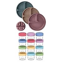 KeaBabies Suction Plates for Baby, Toddler 12-Pack Glass Baby Food Containers - 3-Pack 100% Silicone Toddler Plates, 4 oz Leak-Proof, Microwavable Baby Food Storage Containers