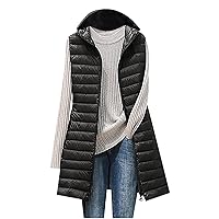 Womens Casual Long Quilted Puffer Vest Hoodies Winter Sleeveless Zip Up Hooded Padded Jackets Waistcoat Warm Gilet