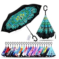 Windproof Double Layer Folding Inverted Umbrella, Self Stand Upside-down Rain Protection Car Reverse Umbrellas with C-shaped Handle