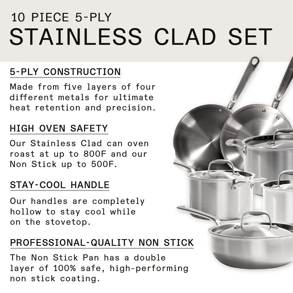 Made In Cookware - 10 Piece Stainless Steel Pot and Pan Set - 5 Ply Clad - Includes Stainless Steel Nonstick Frying Saute Pans, Saucepans and Stock Pot W/Lid - Professional Cookware - Made in Italy