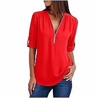 Plus Size Tunic Tops for Women, Women's Zip Front V-Neck 3/4 Sleeve Blouses Chiffon Dressy Top for Business Work