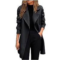 Women's Elegant Trench Coat Notched Collar Overcoat Wool Blend Pea Coats Long Sleeve Lapel Cardigans Classic Peacoat Black