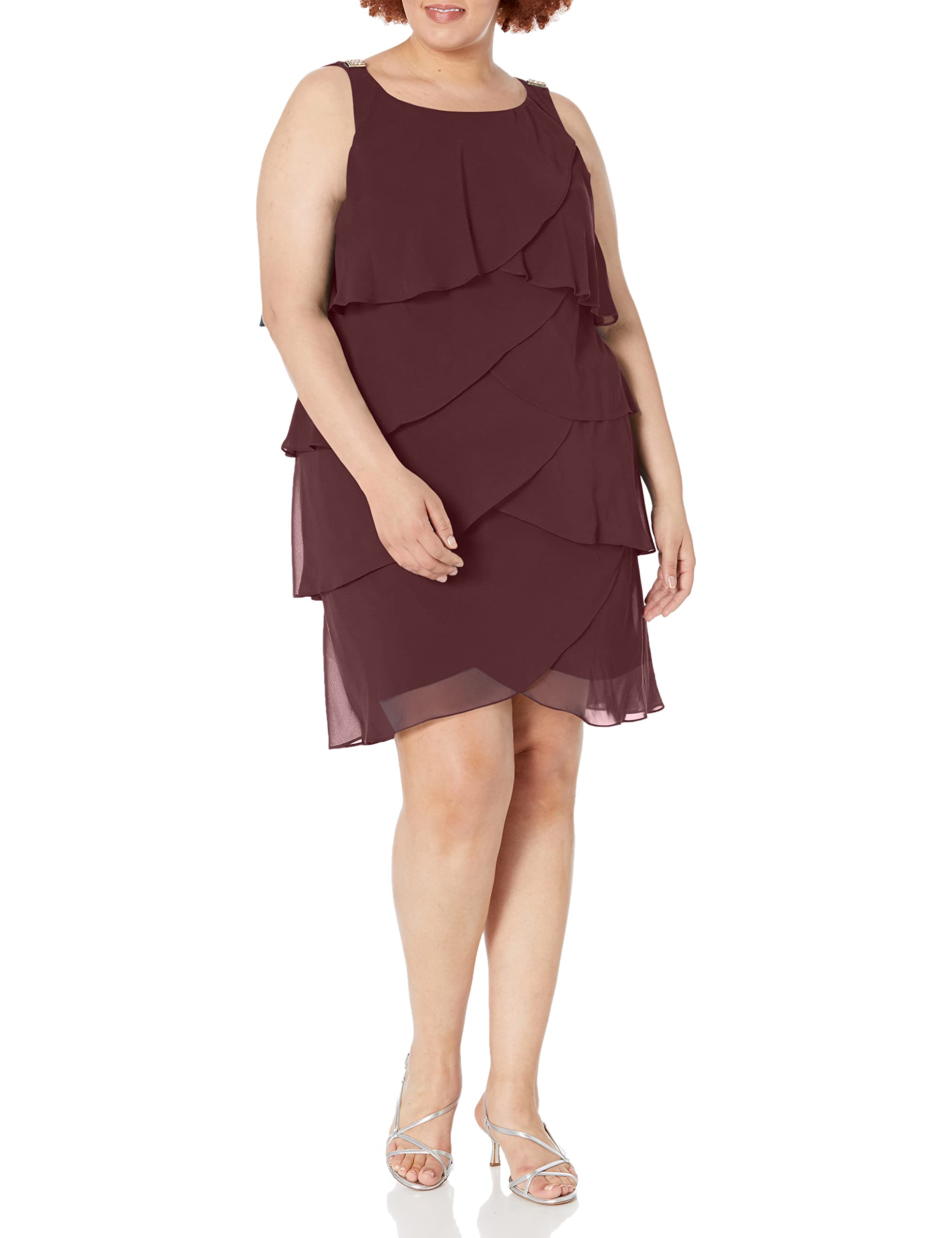 S.L. Fashions Women's Plus-Size Solid Multi-Tier Embellished Shoulder Dress
