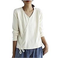 Womens Lace-Up Drawstring Ruched Wrap Tops Long Sleeve Crewneck Shirts Fashion Casual Loose Fit Solid Blouses