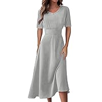 Spring Dresses for Women 2024 V-Neck Short Sleeve Waist Long Swing Dress