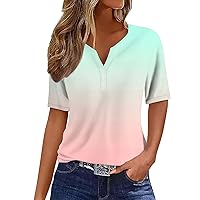 Summer Tops for Women 2024 Gradient Trendy V Neck Boho Short Sleeve Shirts Casual Button Loose Comfy Tunic Top Henley Shirts