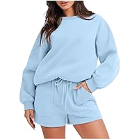 Womens Two Piece Outfits Lounge Sets Long Sleeve Sweatshirt Pockets Shorts Sets Fall Tracksuit Solid Sweatsuits