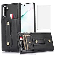 Galaxy Note 10 Wallet Case, Design for Samsung Note10 with Screen Protector Adjustable Wrist Strap Kickstand and Hidden Sliding Card Holder Slot Shockproof Protective Cover for Men 6.3” Black