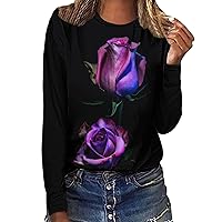 XJYIOEWT Y2K Tops Grunge Fashion Blouse for Womens Casual Summer Tops Rose Flower Printed Long Sleeve O Neck Tee Shirt