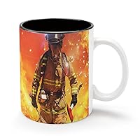 Firemen 11Oz Coffee Mug Personalized Ceramics Cup Cold Drinks Hot Milk Tea Tumbler with Handle and Black Lining