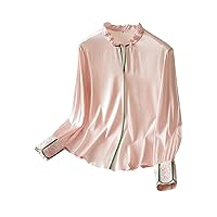 Women Blouse Silk Embroidery Ruffle Stand Collar Long Sleeve Hand Button Retro Top 141