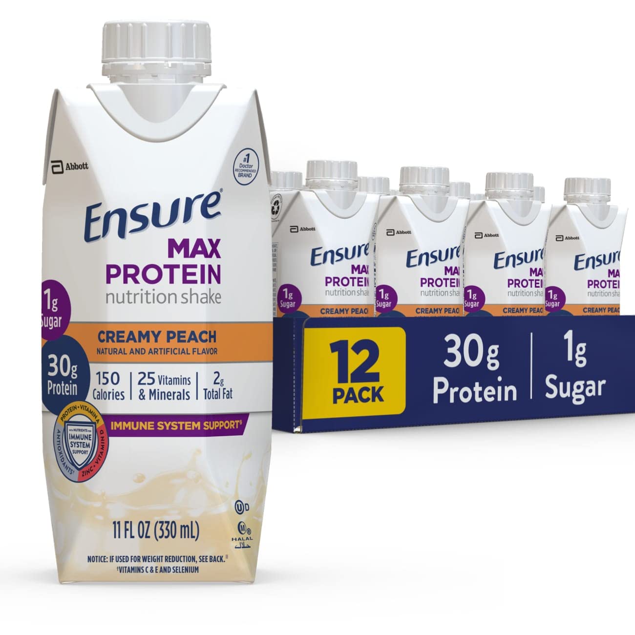 Ensure Max Protein Nutrition Shake, with 30g of Protein, 1g of Sugar, High Protein Shake, Creamy Peach, 11 fl oz - Pack of 12