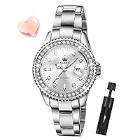 OLEVS Diamond Watches for Women with Date Fashion Silver Elegant Dress Analog Quartz Stainless Steel Ladies Wrist Watches Gift Waterproof Luminous