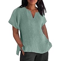 Womens Linen T Shirts Short Sleeve Dressy Loose Casual V Neck Summer Tops Lightweight Trendy Blouses 2024