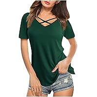 Juniors Loose Fit Long Top Vneck Blouses for Women Short Sleeve Wrap Criss Cross Plain Summer Fall Shirts 2024 Y2K