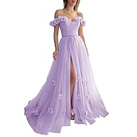 CWOAPO Off Shoulder Tulle Prom Dress Long 3D Flowers Ball Gowns with Slit A Line Wedding Dress for Women 2024