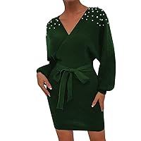 Pearl Sweater Dress for Women Fall 2023 Long Sleeve Trendy Elegant Long Pullover Sweaters Dress for Women with Belt