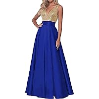 Women's V Neck Satin Bridesmaid Dresses Long Prom Evening Ball Gowns